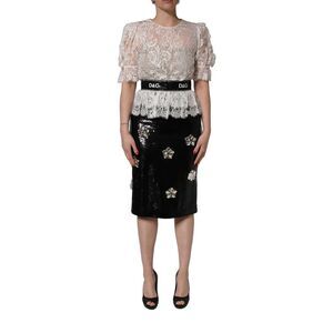 Dolce & Gabbana White Lace Top Embellished Black Skirt Women's Dress